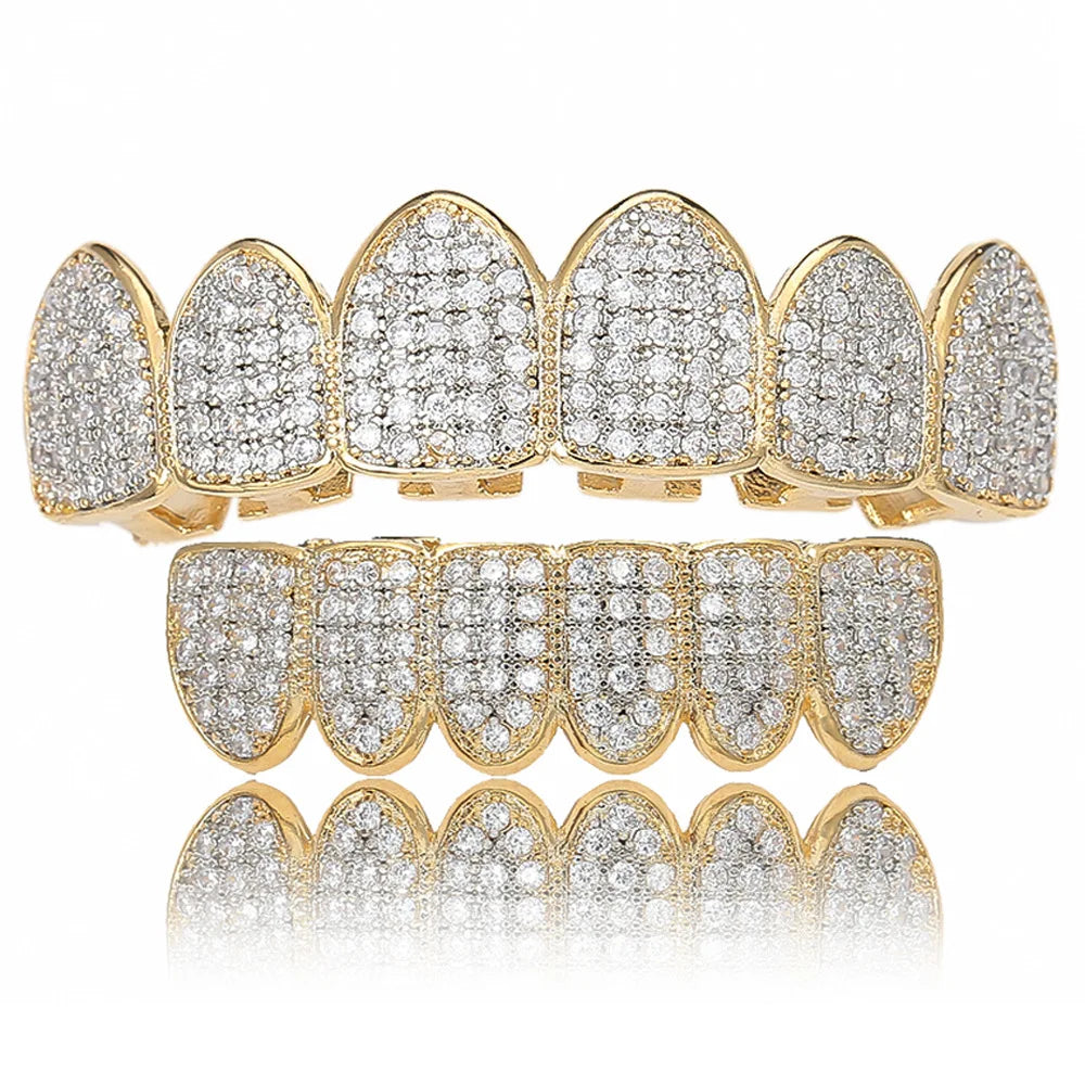 Hip Hop Double Zirconia Gold Plated pink Grillz Hip Hop Teeth for Men Rapper Mouth Grillz Jewelry Wholesale for Men Jewelry