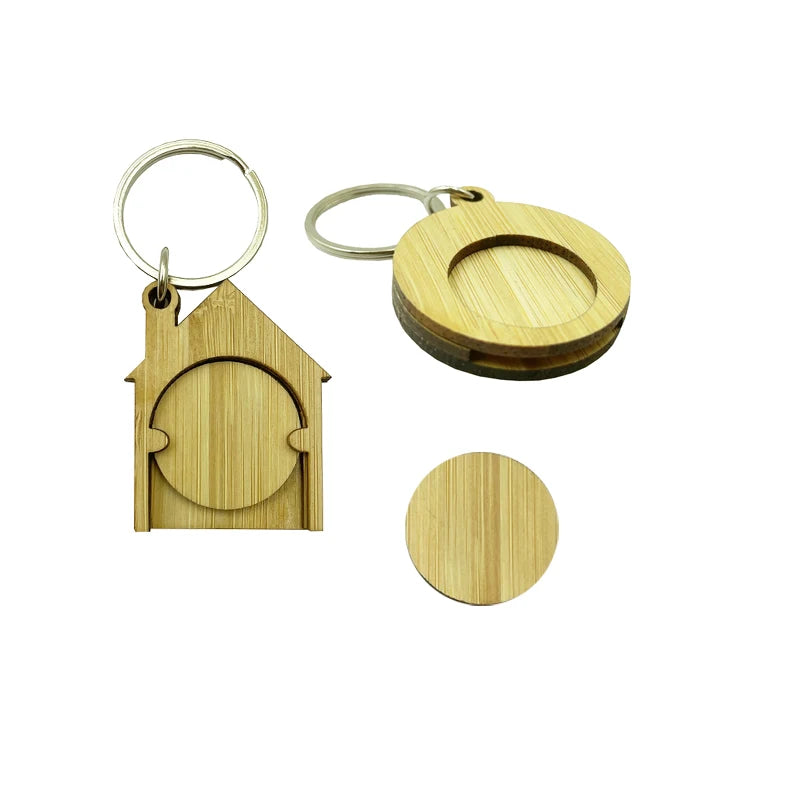 Custom Logo Bamboo Keyring Coin Holder Carved Technique Supermarket Shopping Cart Trolley Token Coin Keychain