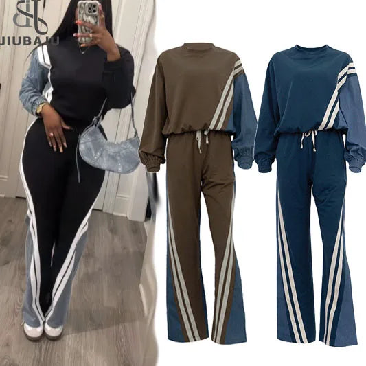 Sweatshirt and Sweatpants Two Piece Striped Long Sleeve Color Patchwork Loose Drawstring Pant Casual 2 Piece Outfits