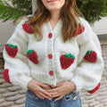 Autumn Winter New Fashion Women  Heavyweight Long Sleeves Strawberry Jacquard V-Neck Drop Shoulder Short Cardigan