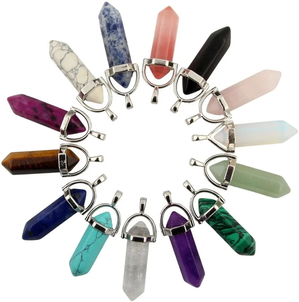 8*32mm Natural Hexagonal Gemstone Pendant Healing Crystal Quartz Tower Round Beads Pointed Reiki Chakra Jewelry Accessoires