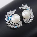 Fashion Simple S925 Sterling Silver Korean  White Pearl Zircon Wreath Leaf Studs Earrings for Women