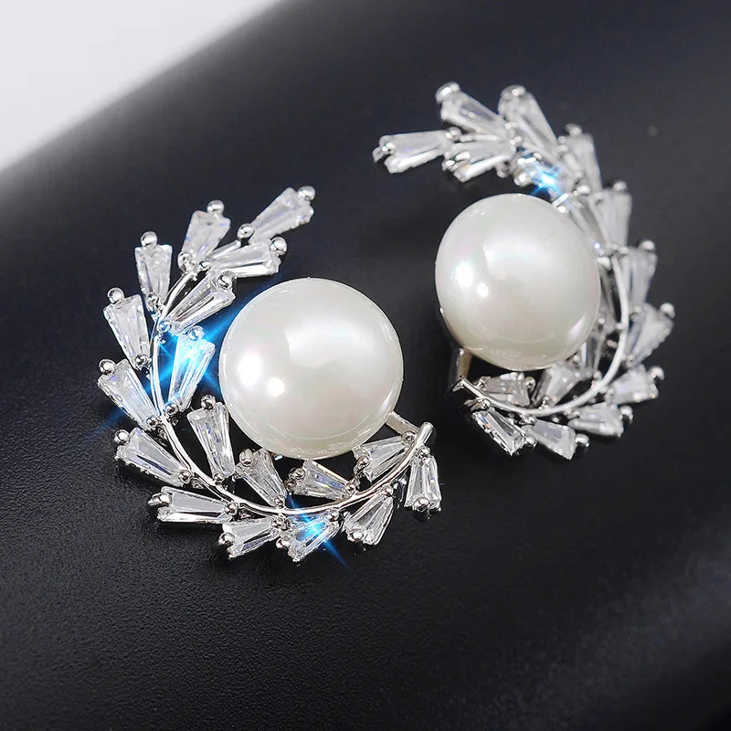 Fashion Simple S925 Sterling Silver Korean  White Pearl Zircon Wreath Leaf Studs Earrings for Women