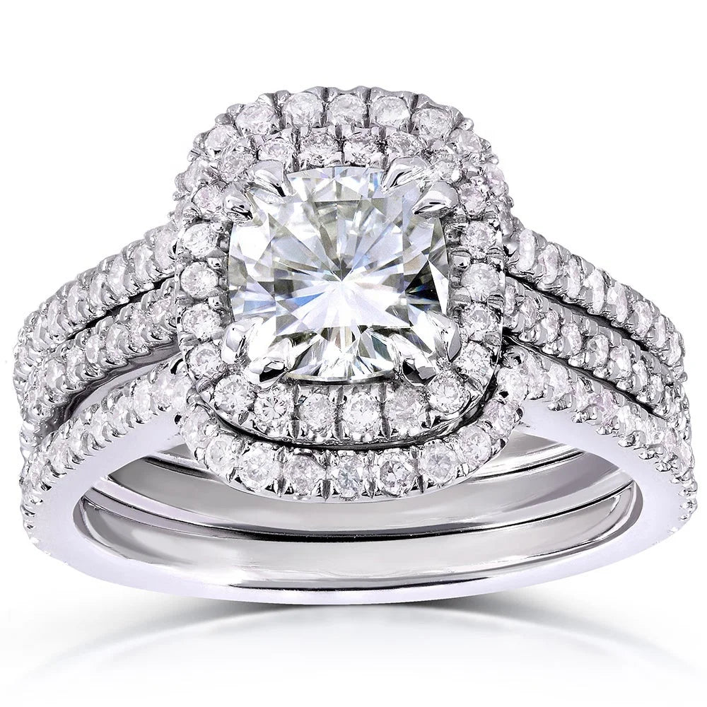 Women's 3 PCS 7g Classic Cushion Wedding Ring Bridal Sets Sterling Silver Cut Halo Engagement Parties