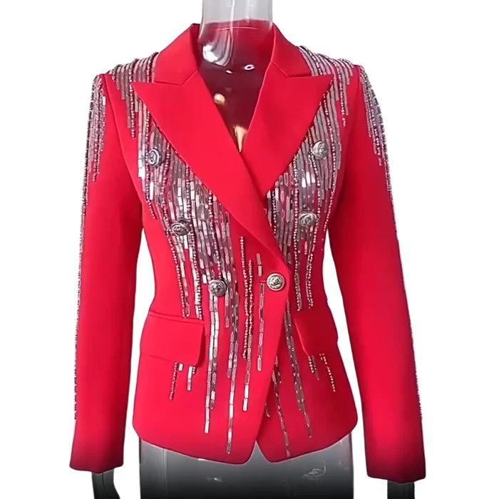 Brand New Luxury Sequined Beads European Style Long Sleeve Double-breasted Women Fashion Slim Blazer
