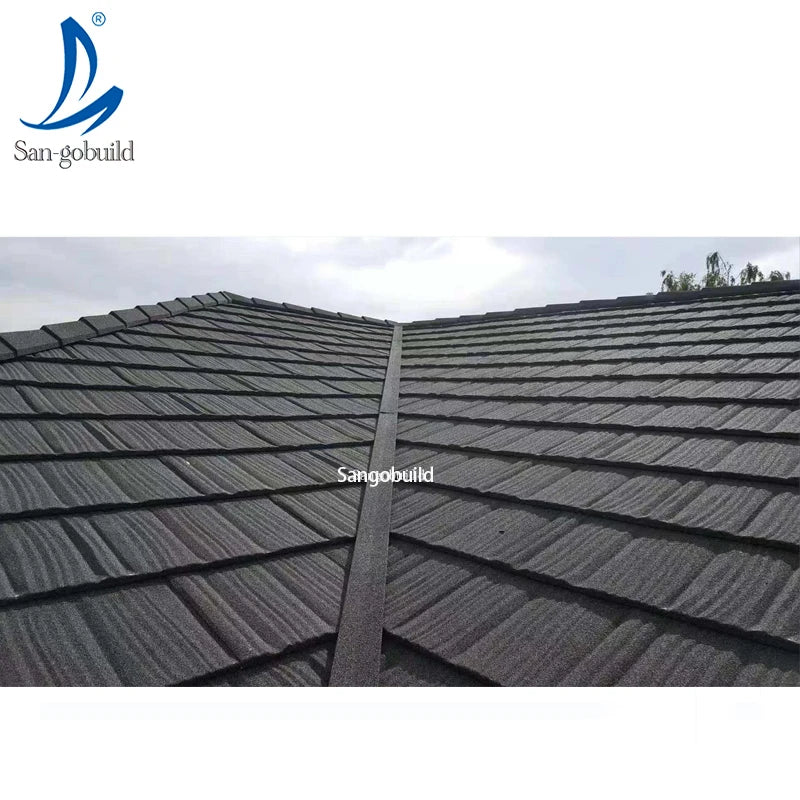 U.S. Standard Modern Black Stone Coated Roofing Bent Tiles for Houses Alu-zinc Metal Spanish Roof Tiles with Lifetime Warranty