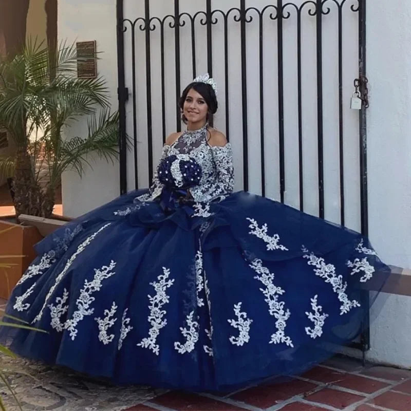 Navy Ball Gown Quinceanera Dresses Halter Cascading Ruffles Appliques Beads Long Formal Prom Party Gowns MQ628