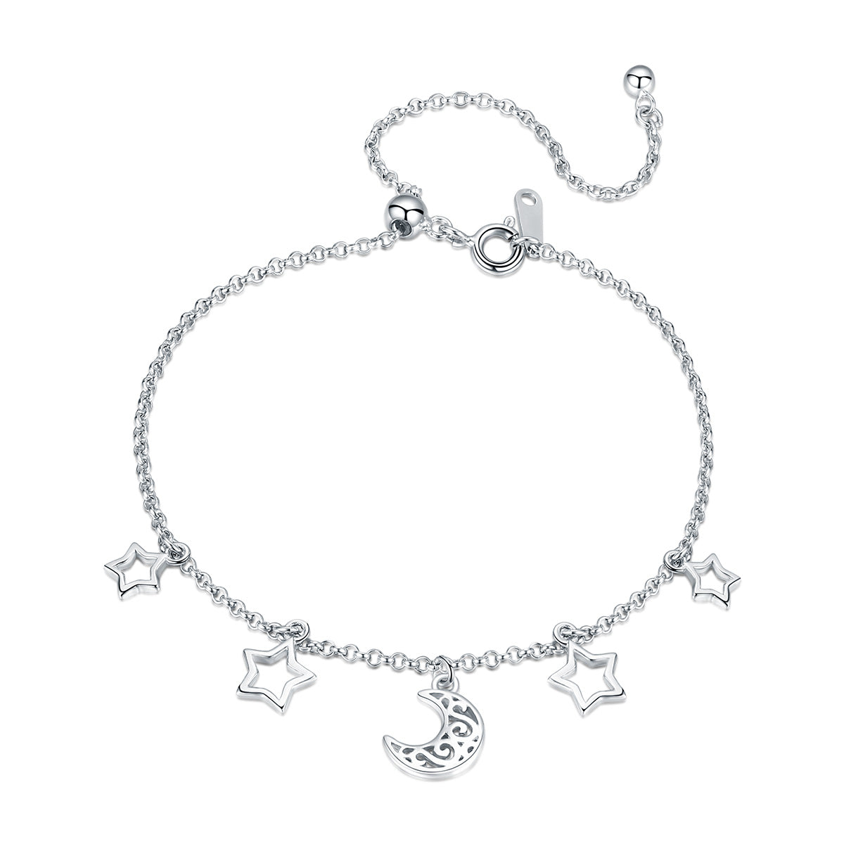 Fashion Factory 925 Sterling Silver Moon and Star Chain Link Bangles Bracelets for Women Sterling Silver Jewelry SCB107