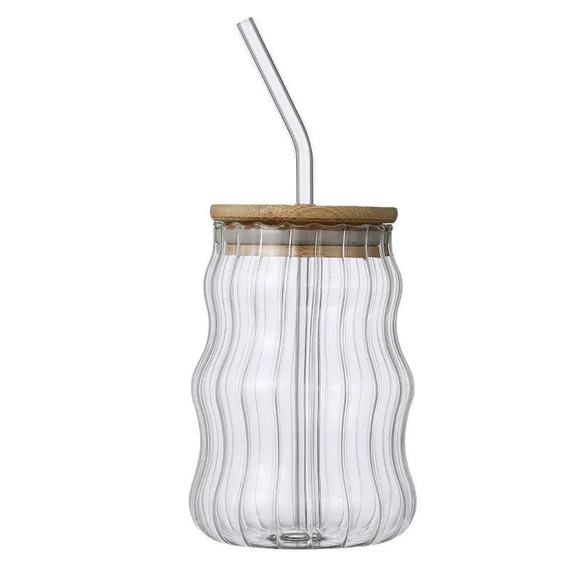 Wholesale Drinking Glass Cup Coffee Juice Milk 500ML Glass Water Cup With Bamboo Lid and Straw
