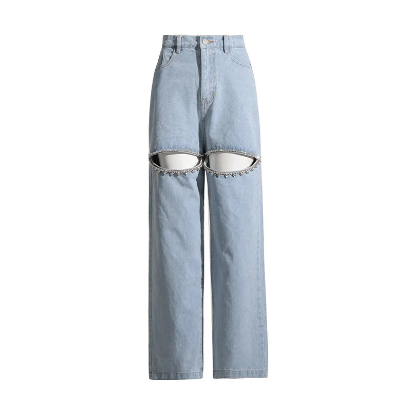 Boutique Wholesale 2026 Autumn New Fashion Versatile Diamond Studded Bead Design Feeling Hollow Straight Women's Jeans