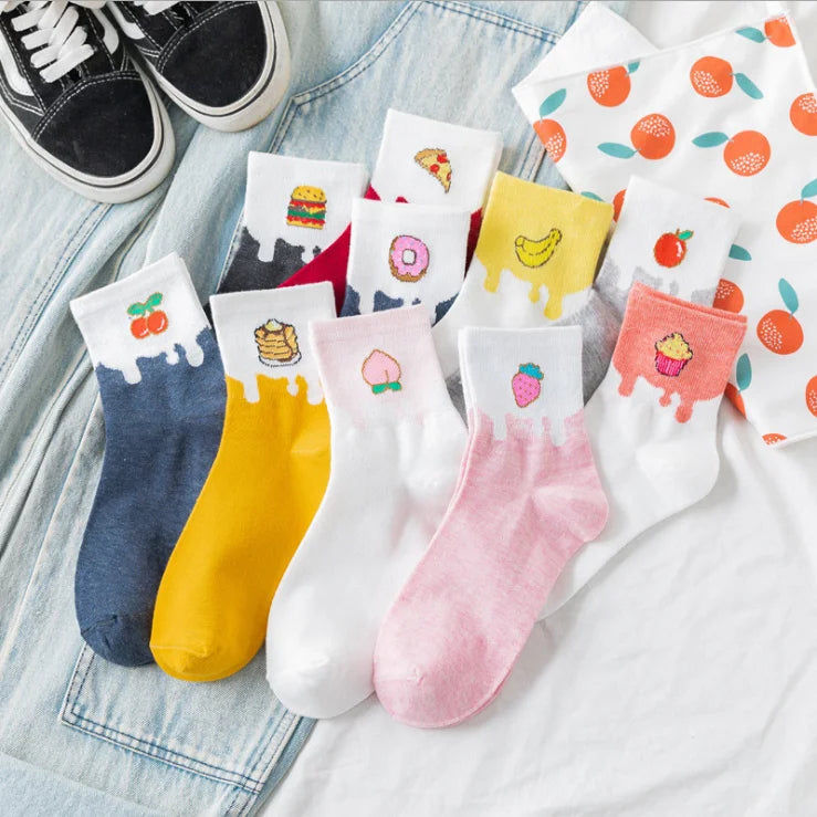 Women's 100% Cotton Tube Food Socks New Anti-Slip Cute Burger Pizza Socks for Daily Use for Autumn