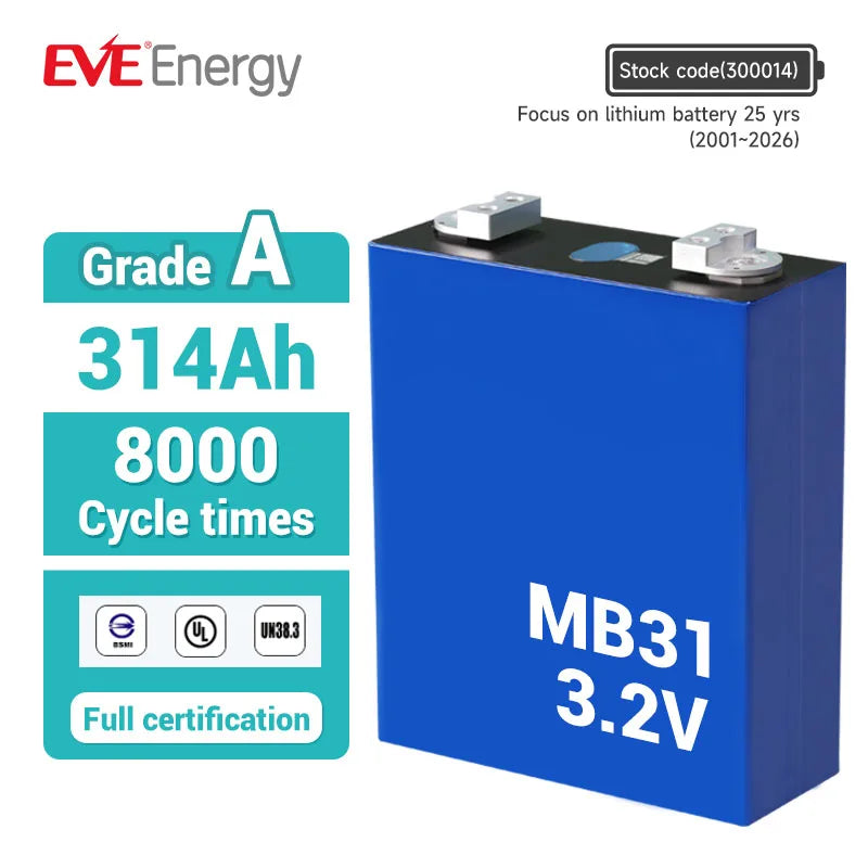 EVE EU STOCK 314ah Lifepo4 Cell MB31 3.2V 8000cycles CE Rechargeable Lifepo4 Battery Cell