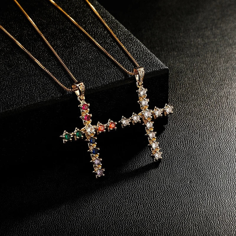 New Colours Iced Bling Cubic Zircon Gold Plated Cross Pendant Necklace Link Chain Hip Hop Fashion Pendants Charms Women's Gifts