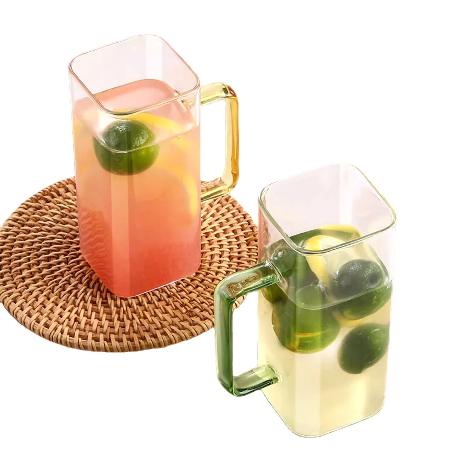 Colored square High Borosilicate Heatproof Glass Cup with Handle Drinking Mug Straight Cup for Juice Milk Tea Coffee with Straw