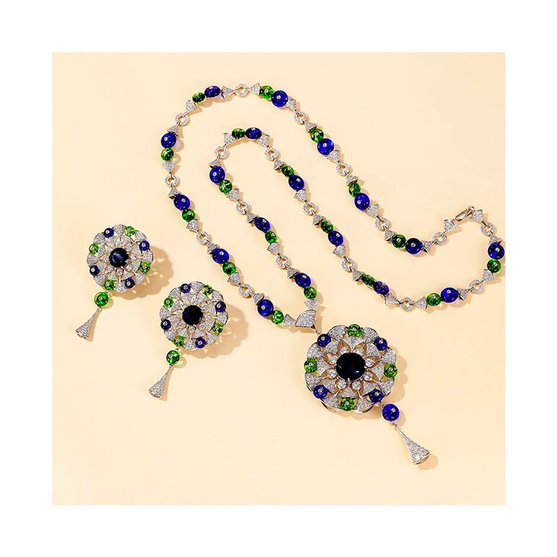 Luxury Middle East Style Jewelry High End Customizable Big Flower Pendant Long Tassel Sweater Chain Necklace Earring Set