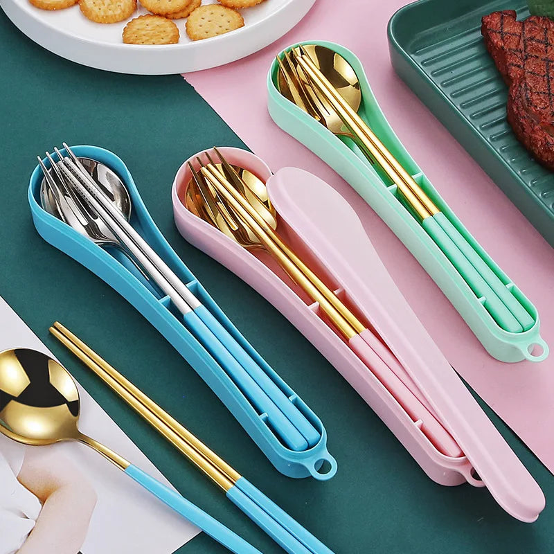 Portable 304 Korean Picnic Kids School Camping Travel Flatware Stainless Steel Cutlery Set With Case Box