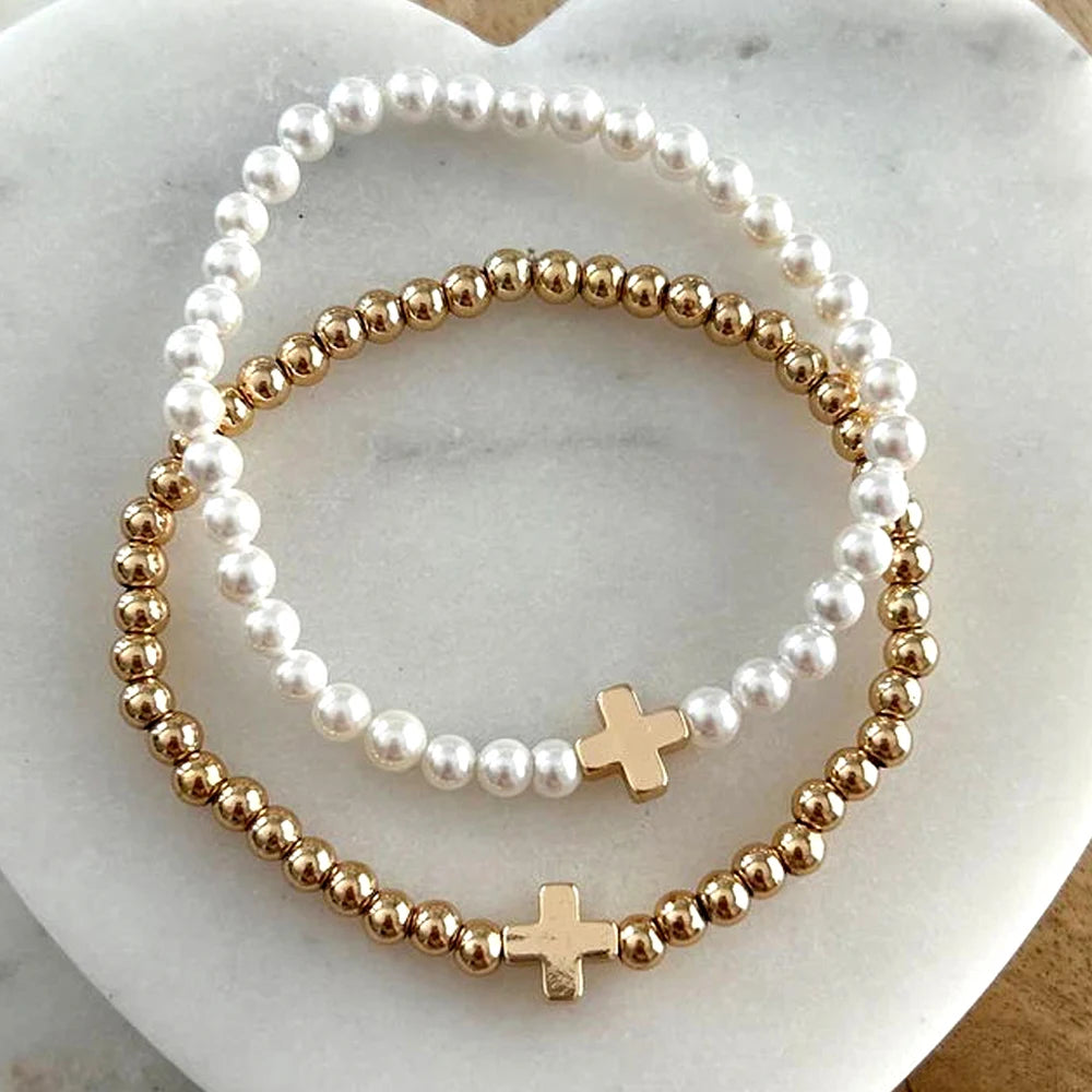 Go2boho 2 PCS Healing Hematite Stone Cross Fashion Jewelry Set 18k Gold Filled Bead Imitation Pearls Beaded Bracelets for Women