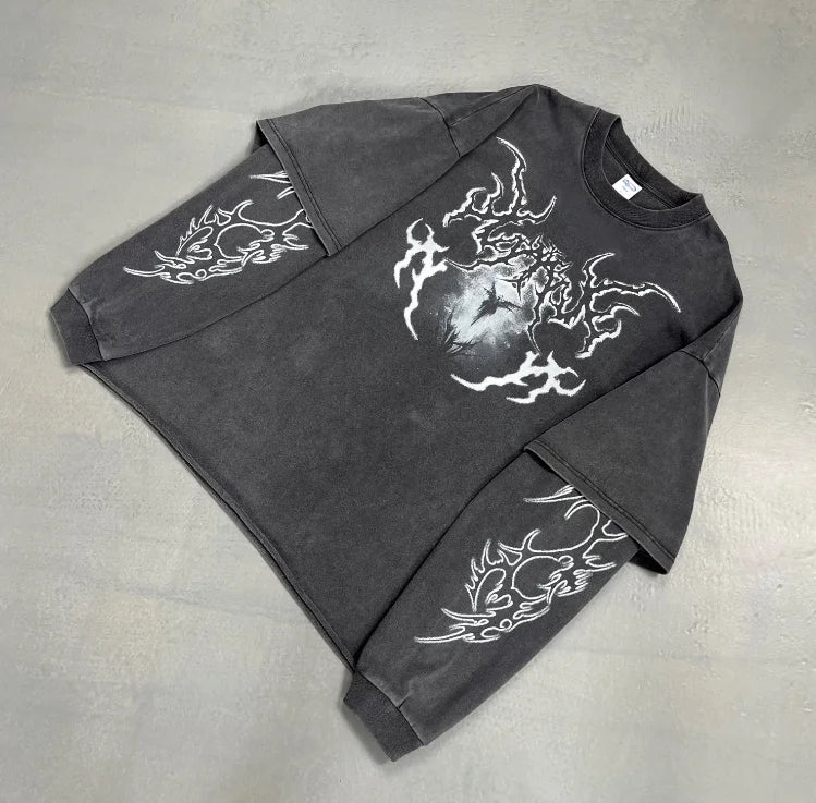 OEM Screen Print T Shirt Ripped 250 GSM Tee Full Double Layer Long Sleeve Cuff Stone Faded Acid Wash Boxy Cropped T Shirt Men