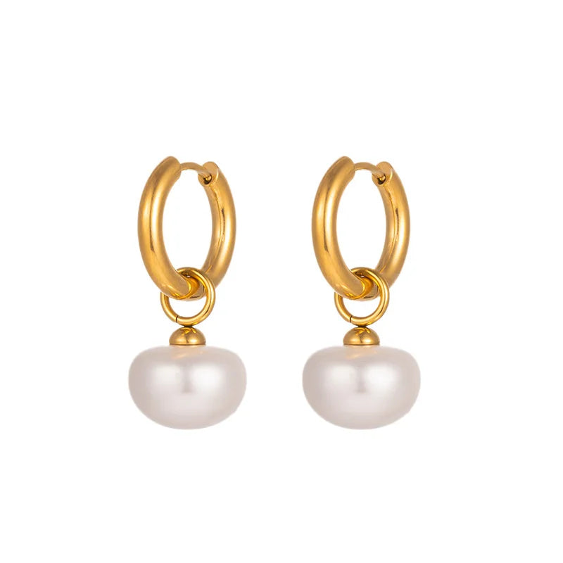 New Style Vintage Gold Plated Stainless Steel Earrings Tarnish Free Hoop Pearl Drop Earrings Set for Women
