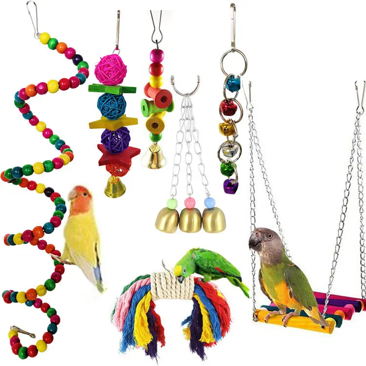 7pcs Bird Parrot Toys Hanging Bell Pet Bird Cage Hammock Swing Toy Hanging Toy for Small Parakeets Cockatiels