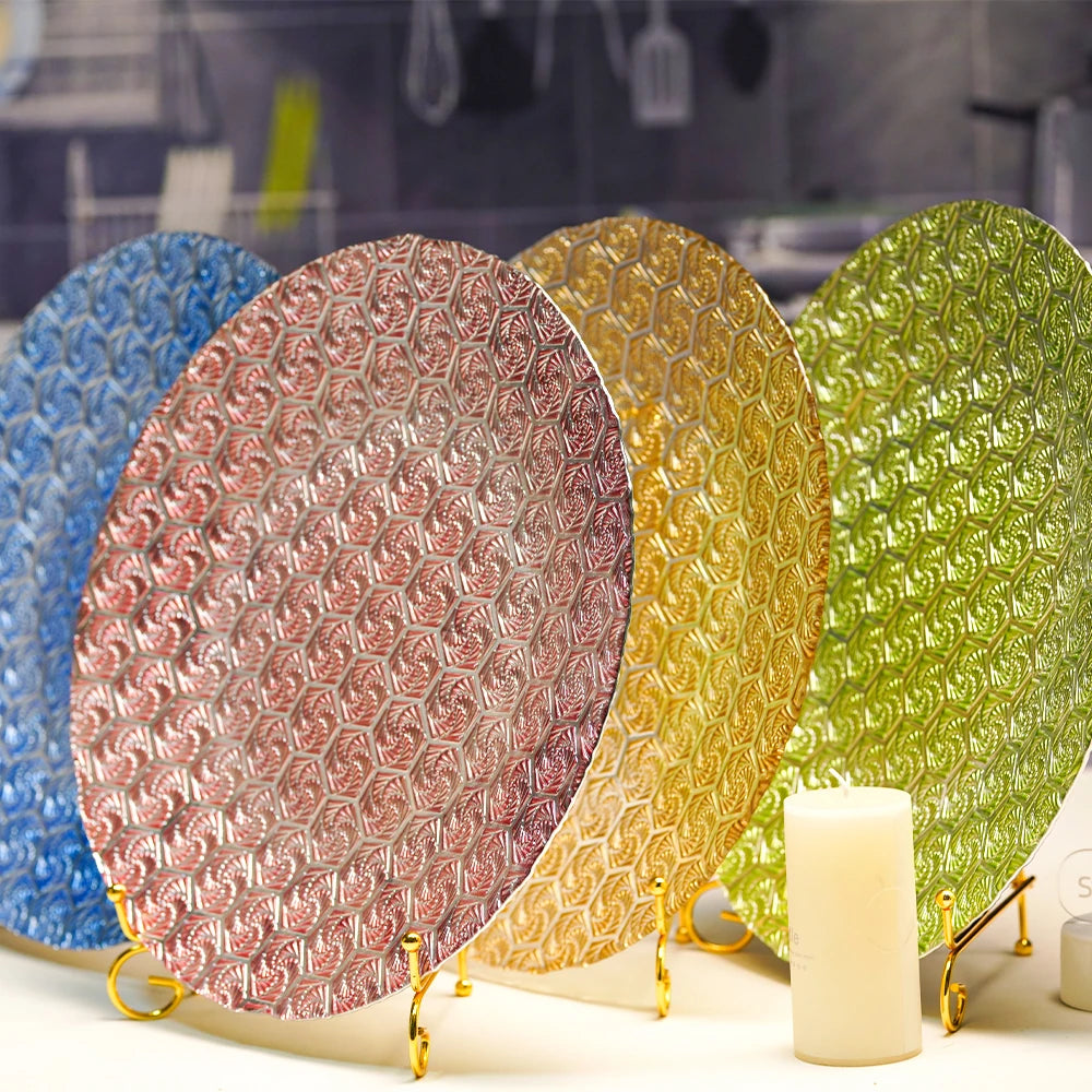 Wholesale Elegant 13Inch Round Pink Green Gold Silver Clear Table Dinning Glass Charger Plate for Outdoor Wedding Garden Banquet