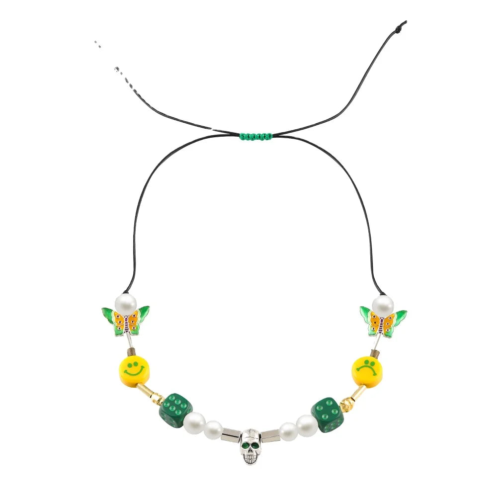 Craft Wolf Trendy Handmade Wholesale Hot Selling Christmas element Dice Pearl butterfly Skull Necklace Green Necklace Factory