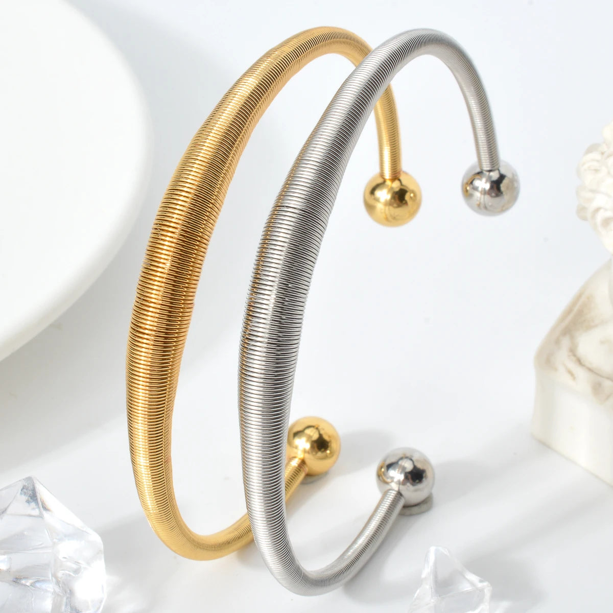 Bohemian Jewelry 18K Gold Plated Stainless Steel Spring Adjustable Twist Cuff Bracelet for Women