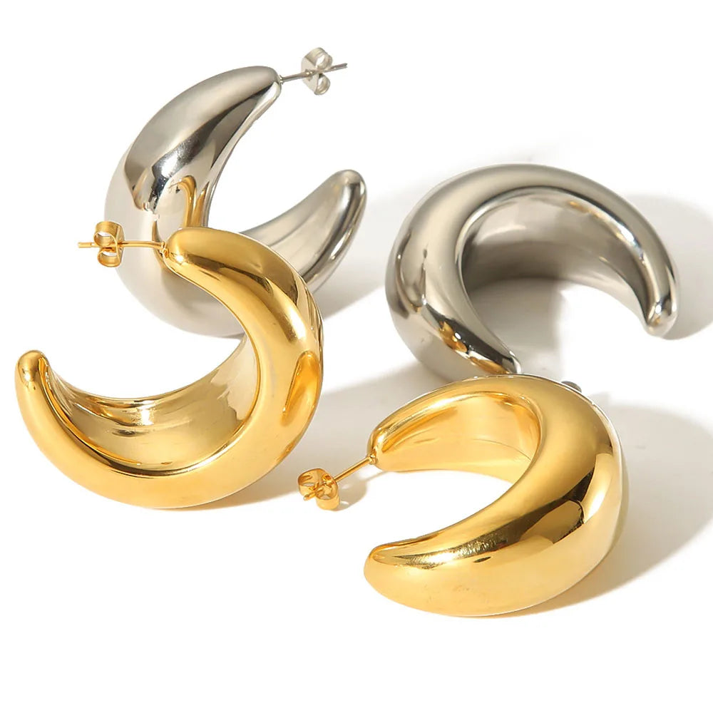 Smooth Stainless Steel Large Crescent Gold Plated Women Jewelry Hypoallergenic Moon Hollow C-Shaped Hoop Earrings