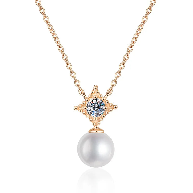 S925 Sterling Silver Natural Freshwater Pearl Moissanite Necklace Classic Style Silver Plated for Gift