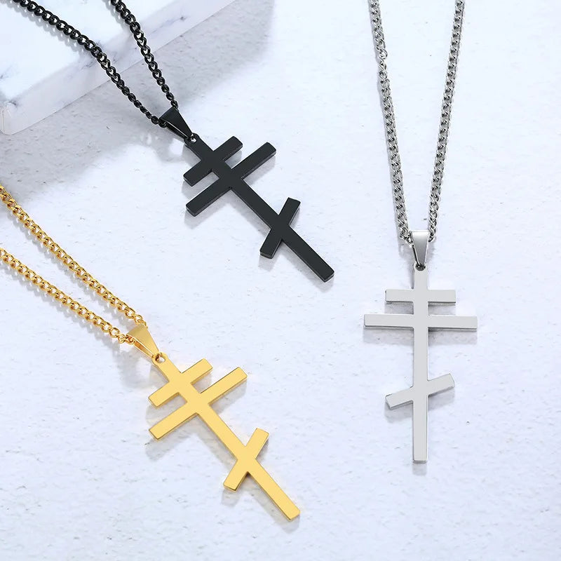 Stainless Steel Gold Titanium Cross Necklace Russian Orthodox Christian Crucifix  Male Pendant Church Necklace for Men Women