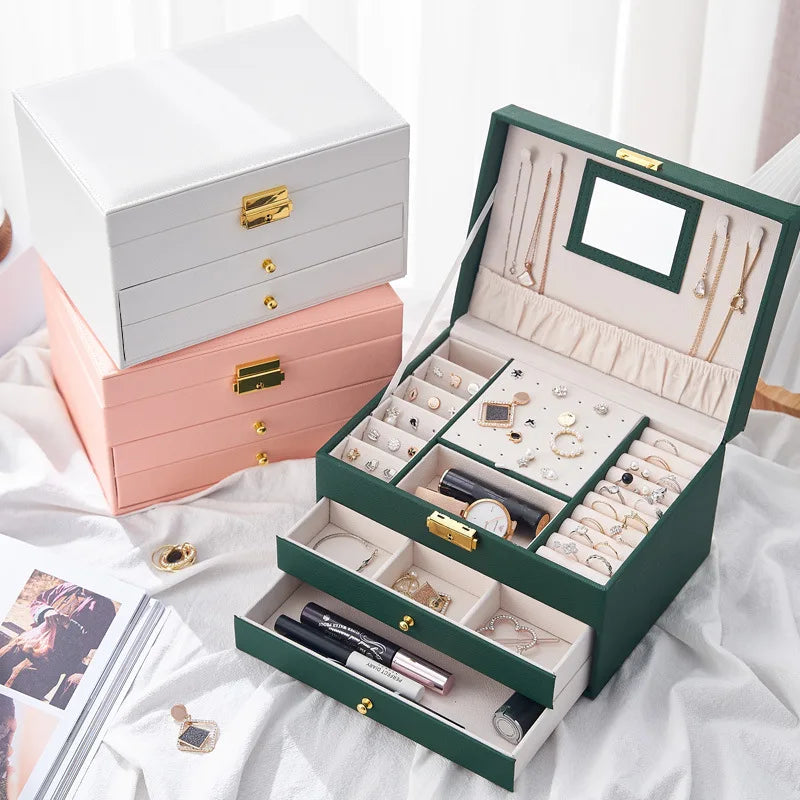 Multi-Function Three-Layer Jewelry Storage Box Inlay Design Children's Earrings Bracelets Made Brass Bone PU Leather Plastic