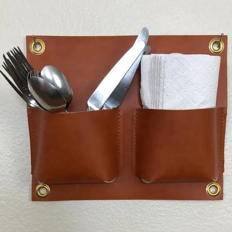 Custom Kitchen PU Leather Wall Hanger Outdoor Camping Picnic Flatware Hanging Storage Organizer Napkin Tableware Storage Holder