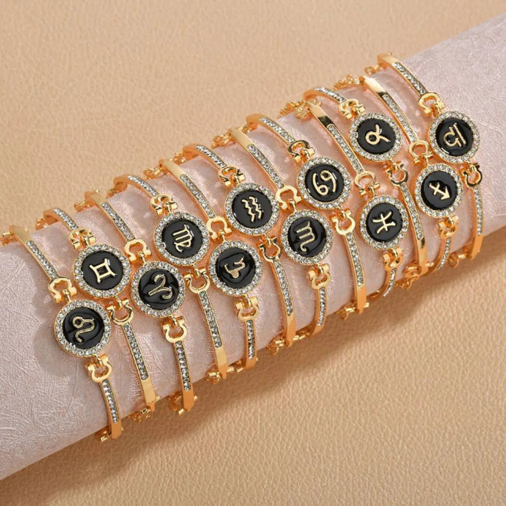 Wholesale Cubic Zirconia Diamond Beads Paving Brass Bangle 12 Zodiac Sings Charm Chain Bracelet Women Adjustable