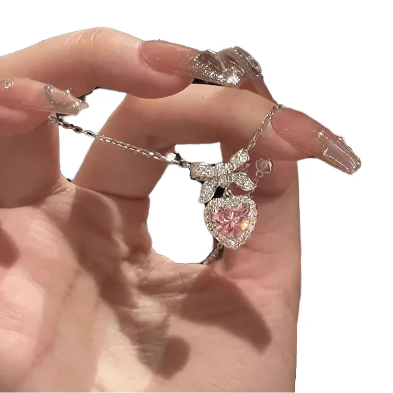 Fashion Stainless Steel Choker Necklace for Women Pink Diamond Bow Tie Heart Pendant with Link Chain for Wedding Occasions