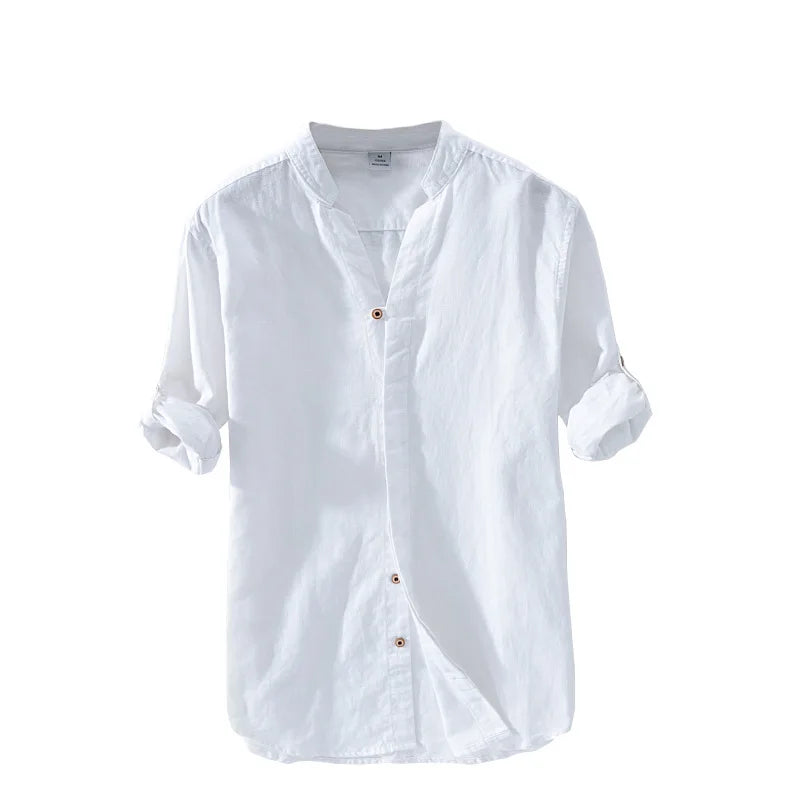 Men's V-neck Long Sleeve Shirt White Khaki Dark Blue Summer Casual Pure Linen Shirt for Men Design Male Autumn Vintage Shirt