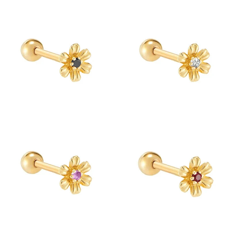 Sterling Silver Trendy Gold Plated Flower Shape Daisy Cute Girls Zircon Stone Earrings