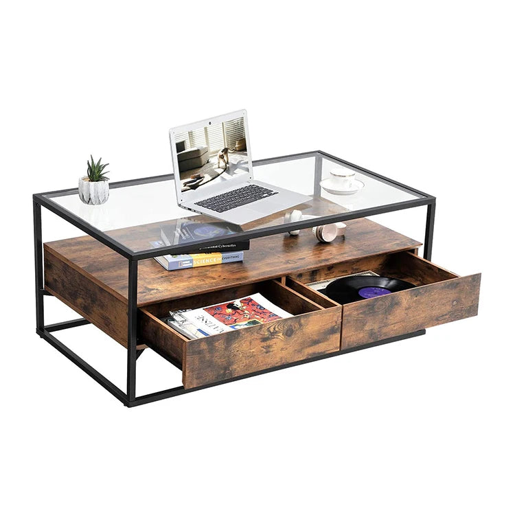 Modern Wooden Glass Top Coffee Table With Storage Drawer Wooden TV Cabinet