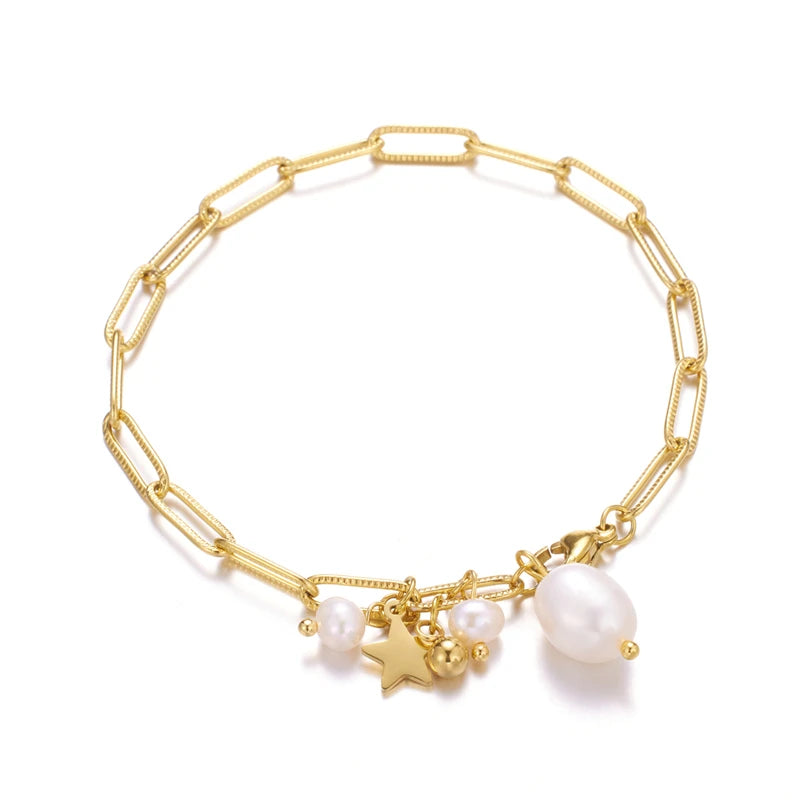 Women's Bold Style Link Chain Bangle PVD Gold Plated Tarnish Free Wrist Chain Fresh Water Pearl Stainless Steel Charm Bracelet