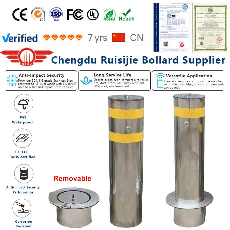 Factory Barrier Security Thick Tube Bolt Down Movable Embedded 304 Stainless Steel Parking Bollard Post Lock
