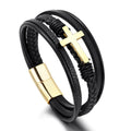 Men's Black Leather Titanium Steel Cross Multi Stripe Braided Bracelet Bangle Wristband Jewellery