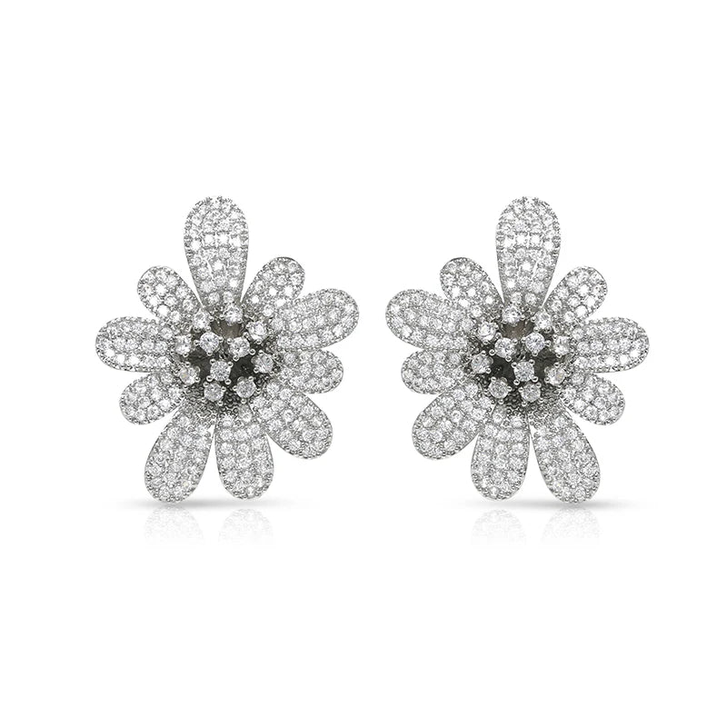 925 Sterling Silver Flower Earrings Size 21x31mm with Round Diamond Cut DF/VS White Moissanite Main Stone for Ladies and Girls