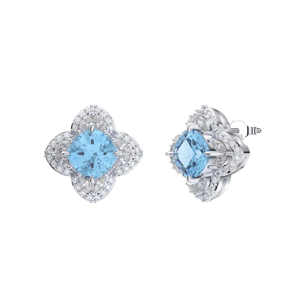 Fashion Clover Earrings Stud 5A Aquamarine CZ 6mm Jewelry Sterling Silver 925 Rhodium Plated Stud Earrings for Women