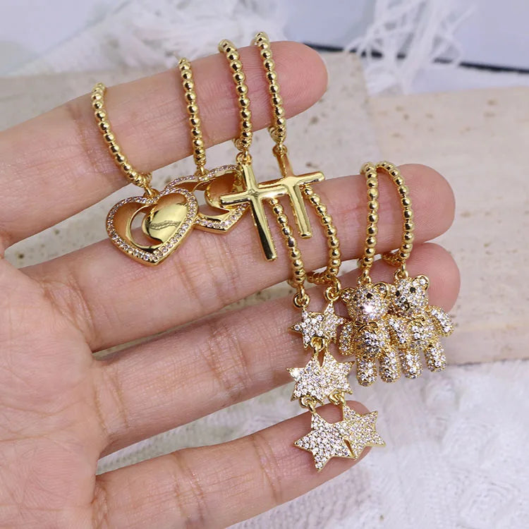 EC1854 2022 18k Gold Plated Diamond Crystal CZ Paved Bear Moon and Star Dangle Hoops Earrings for Women