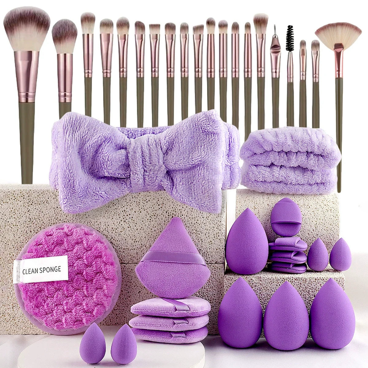Women's Flat Synthetic Hair Makeup Set Foundation Concealer Blush Sponges Beauty Tools Stylish Fan Hairbands Wristbands Included