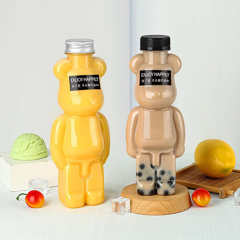 500ML Bear Shape Transparent PET Milk Tea Cold Drink Bottle Aluminum Cap Disposable c