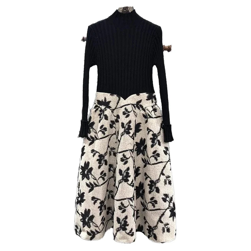 2024 Spring Casual Party One Piece Dress High Quality Knitted Slim Fit A-Line Flare Mid-Calf Long Sleeve Print Patchwork Natural