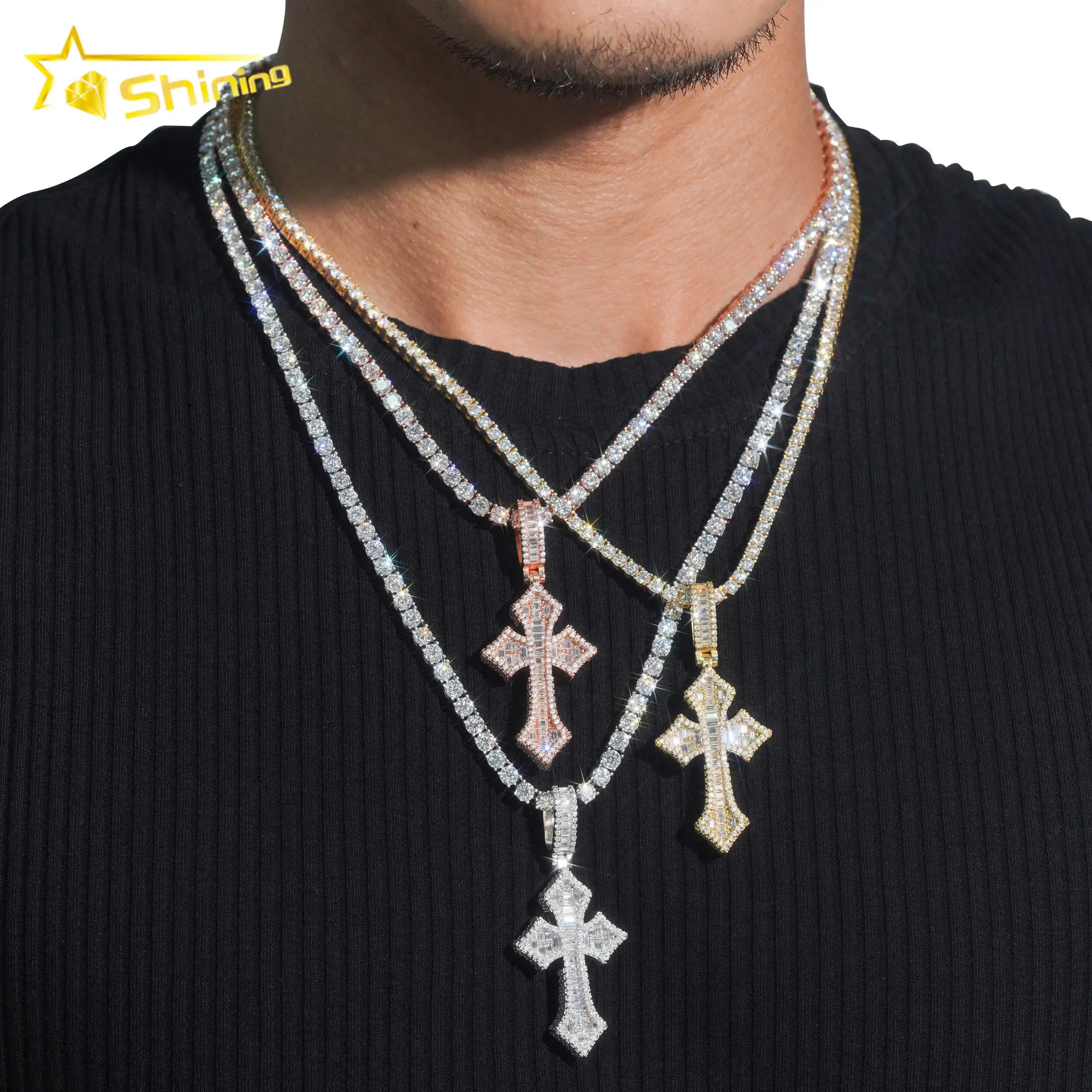 Fast Shipping Iced Out Baugette Cross Pendant 925 Sterling Silver Gold Plated GRA VVS Moissanite Charms Pendant