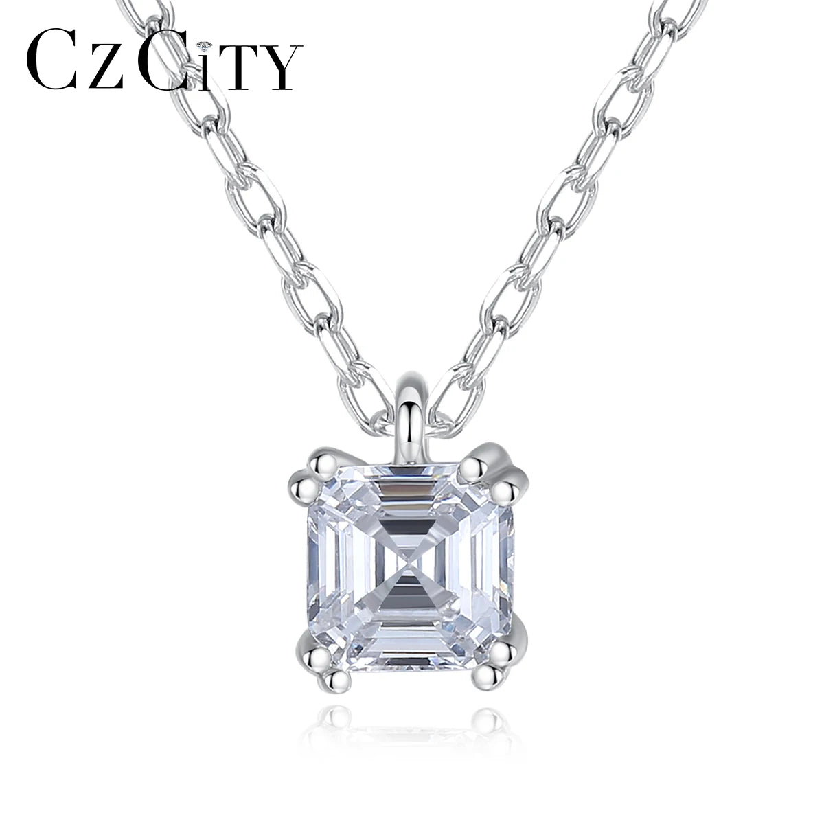 CZCITY Radiant Cut Simulated Diamond Pendant Necklace for Women 925 Sterling Silver Link Chain CZ Necklace for Wedding Jewelry