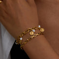 J&D Waterproof Tarnish Free 18K Gold Stainless Steel Hypoallergenic Classic Pearl Badge Watch Chain Bracelet