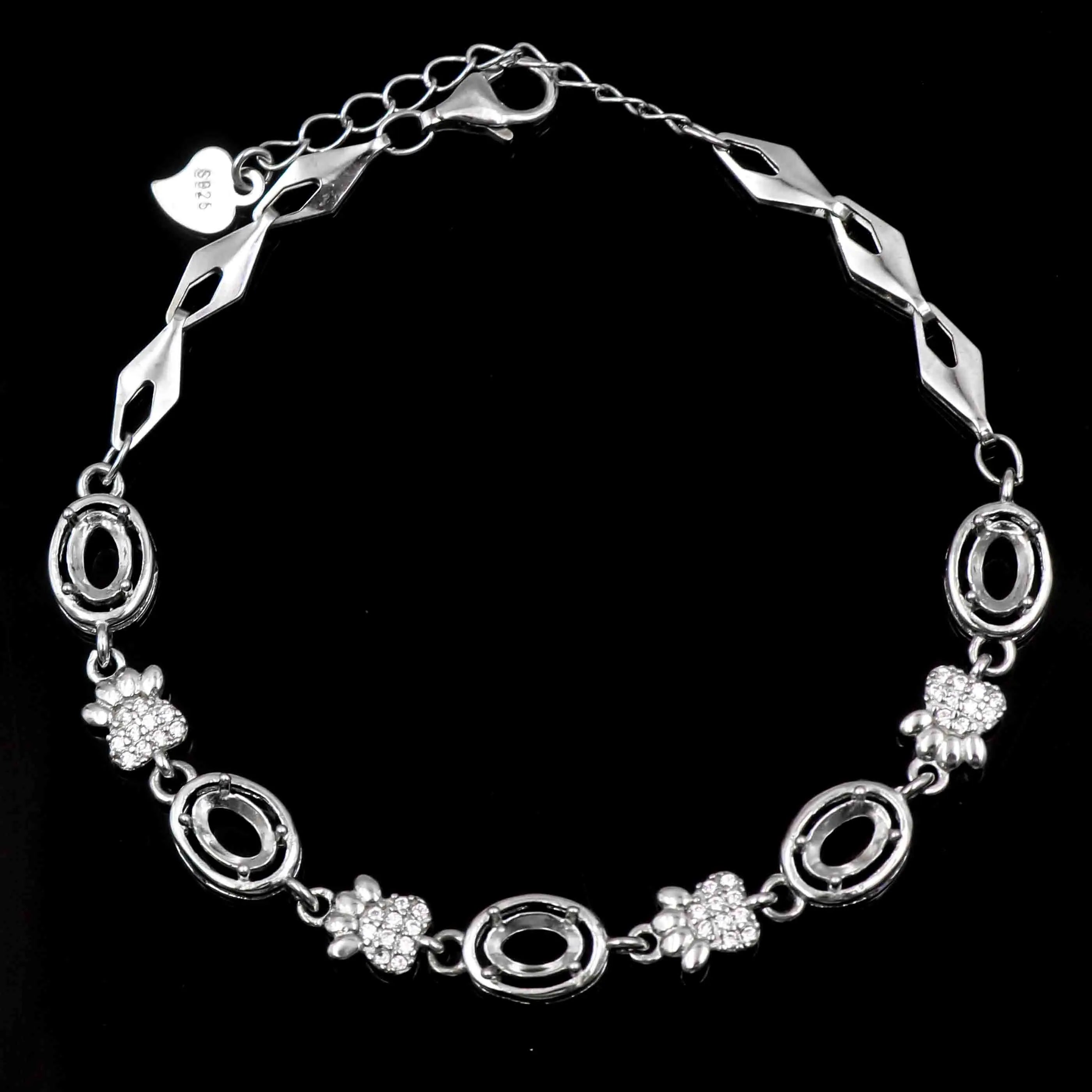 Sterling Silver 4*6mm Semi Mount Bracelet Empty Support Blank Claw Setting S925 Mountain Base Holder Without Stone for Inlay DIY